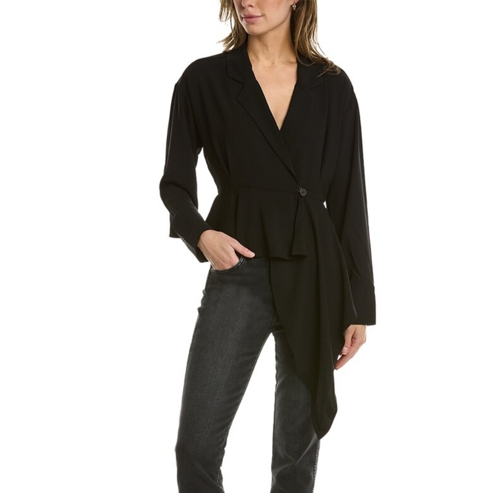 LEA & VIOLA Blouse L Wrap Black Peplum Long Sleeves Cross Waist